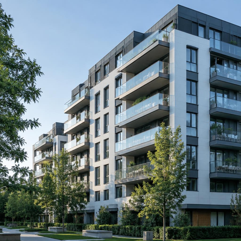 Moderne Wohnimmobilie mit Balkonen und Baumbestand